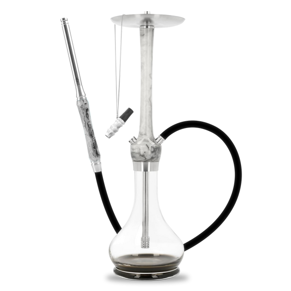Modern glass and metal shisha pipe with black hose and marble design stem on white background
