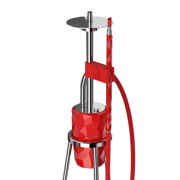 Modern red shisha pipe with geometric design and stainless steel details on white background