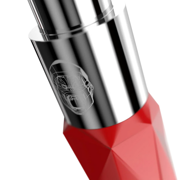 Close-up of a modern shisha mouthpiece with metallic finish and red geometric grip