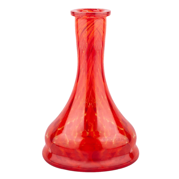 Red glass hookah base with swirling pattern, isolated on grey background