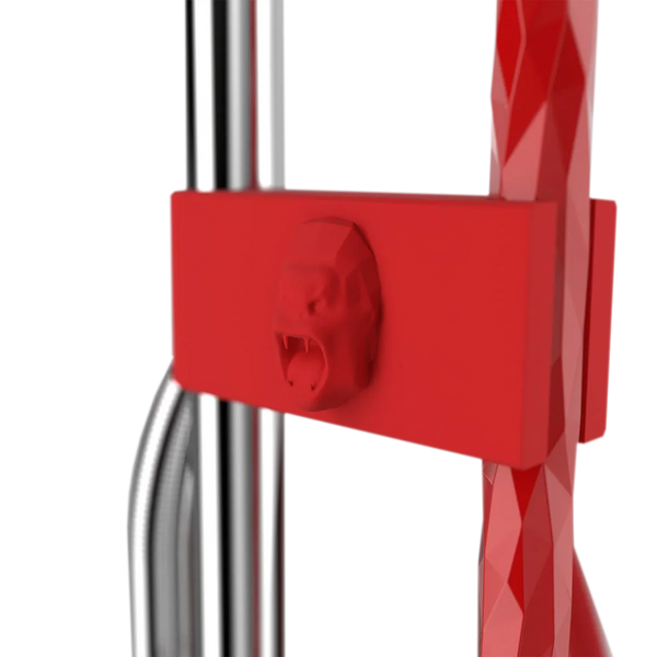 Red shisha stem detail with lion head design and chrome metal pipes