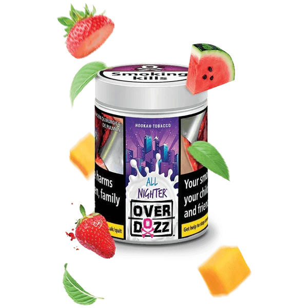 Overdozz All Nighter hookah tobacco tin with strawberry, watermelon, mango fruit and leaves