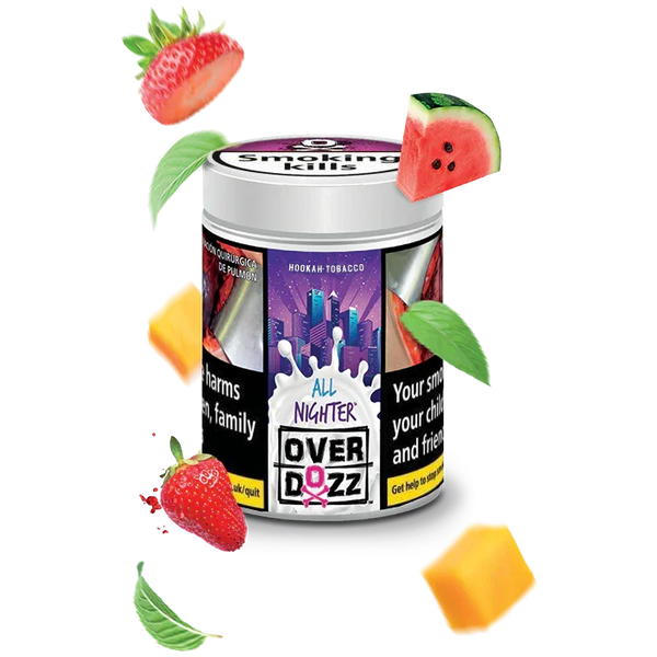 Overdozz All Nighter hookah tobacco with strawberries, mango, watermelon and mint