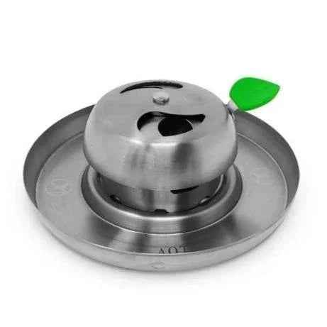 Stainless steel charcoal tray for shisha with vented lid and green silicone handle
