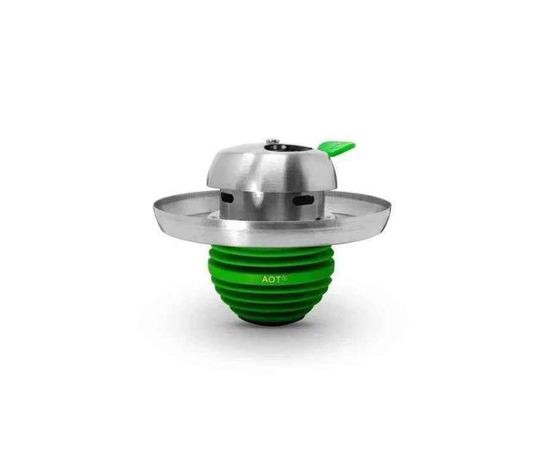 Stainless steel and green silicone hookah charcoal tray accessory on white background
