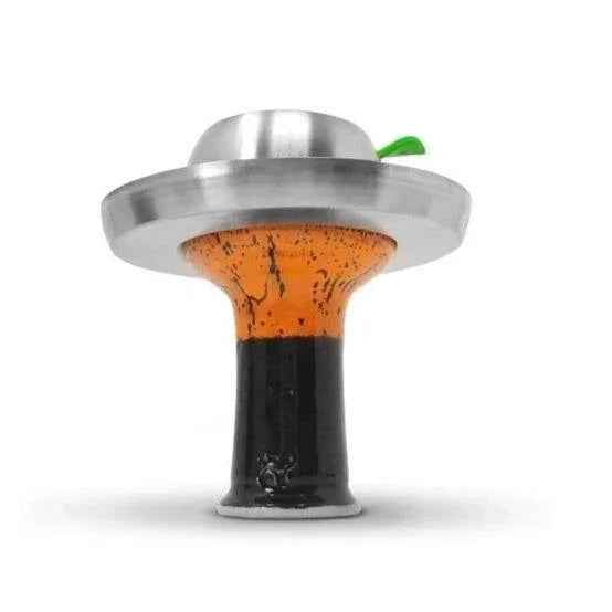 Charcoal tray set on an orange and black shisha bowl with metallic lid for hookah.