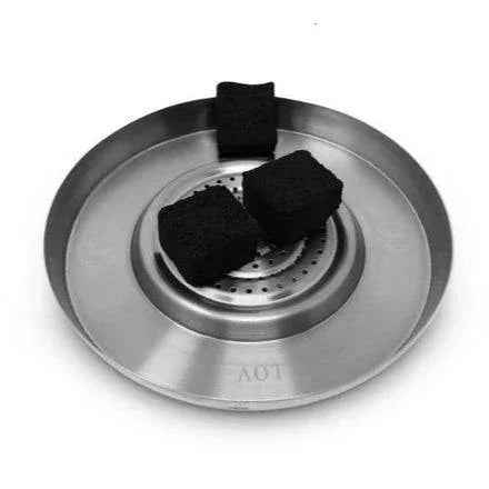 Charcoal tray for hookah with three black charcoal cubes on a metal plate