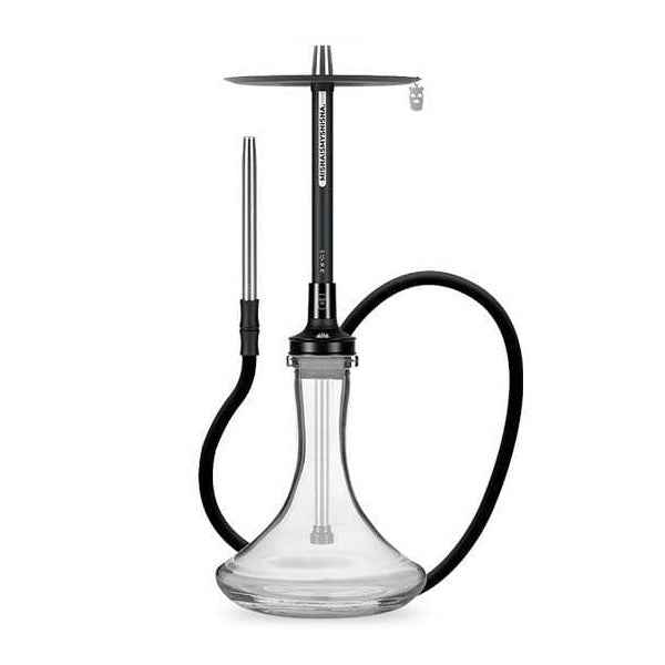 Modern clear glass shisha hookah with black stem and silicone hose on white background