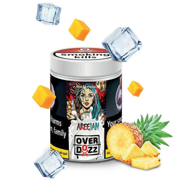 Hookah tobacco jar with Areejan label, pineapple slices, mango cubes, and ice cubes