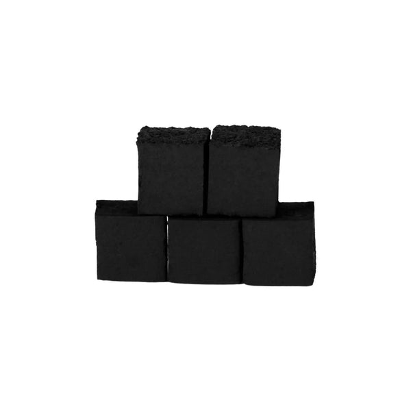 Five stacked black hookah charcoal cubes on a white background
