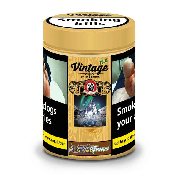 Starbuzz Vintage Plus Alaskan Freeze tobacco 50g jar with health warning and mountain graphic