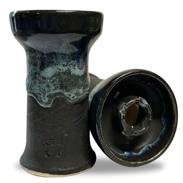 Black and blue glazed hookah bowl with alpaca logo, ceramic shisha head for smoking