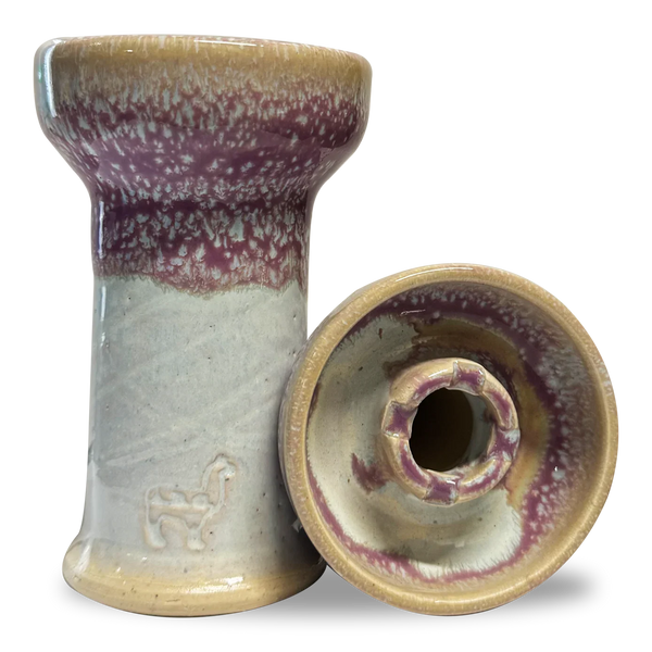 Ceramic shisha bowl with beige and purple glaze, embossed alpaca design, two angles shown