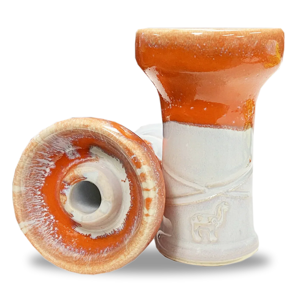 Ceramic alpaca mini hookah bowl with orange and white glaze, engraved alpaca design, side and top views