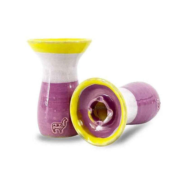 Purple and yellow ceramic shisha bowl with alpaca design on the base, displayed upright and sideways.