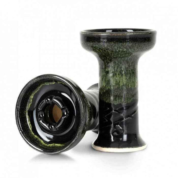 Green ceramic hookah bowl with glossy finish, one standing and one lying down