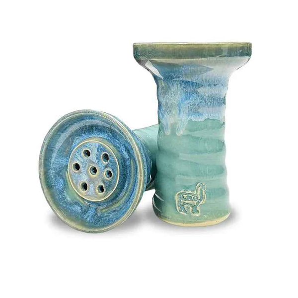 Aqua blue glazed ceramic hookah bowl with multiple holes and alpaca logo detail.