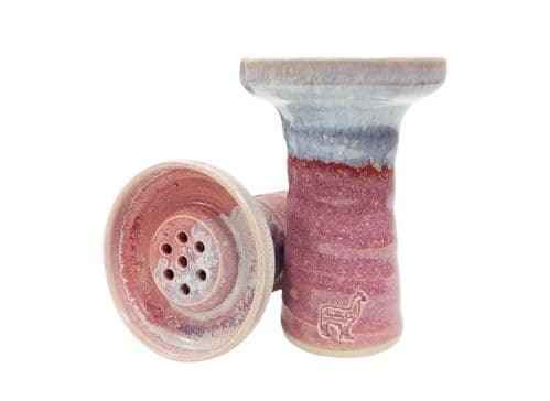 Ceramic shisha bowl with pastel pink and blue glaze, multiple holes, and an alpaca logo