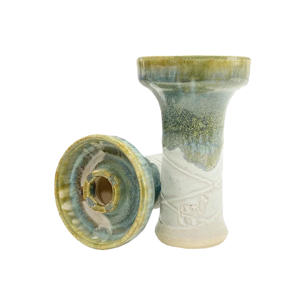 Ceramic shisha bowl with green and white glaze, alpaca motif, and phunnel design.