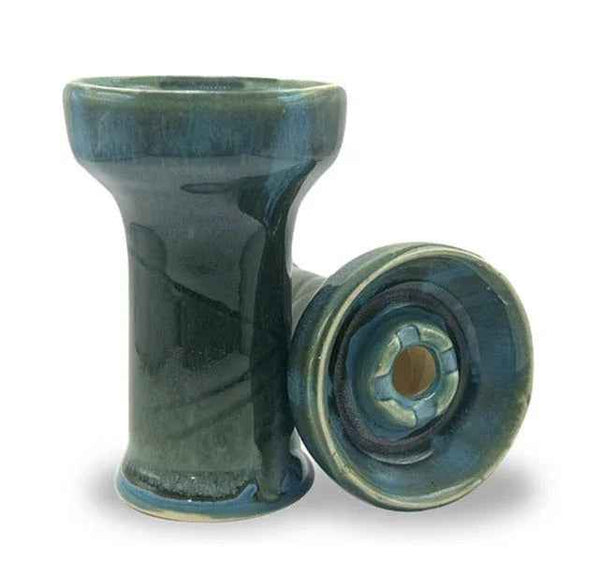 Blue green ceramic hookah bowl with glossy finish, two bowls shown side by side