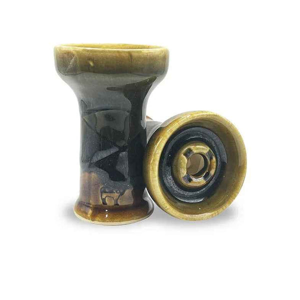 Ceramic hookah bowl mini size in glossy brown and black, shown upright and on its side