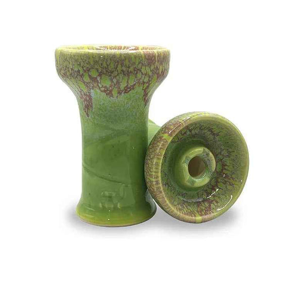 Green and pink ceramic shisha bowl with wide center hole, glossy finish
