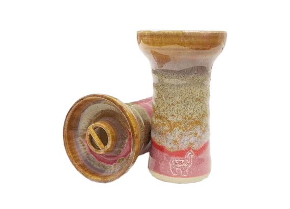 Ceramic shisha bowl with pink, tan, and beige glaze, alpaca and unicorn icon, side and top view
