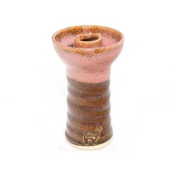 Pink and brown ceramic shisha bowl with alpaca emblem, isolated on white background