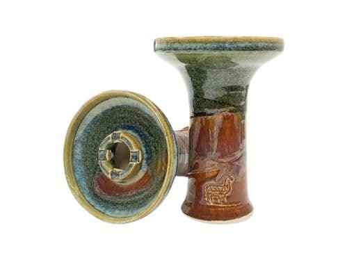 Ceramic shisha bowl with chameleon glaze and etched alpaca design, shown from side and top.