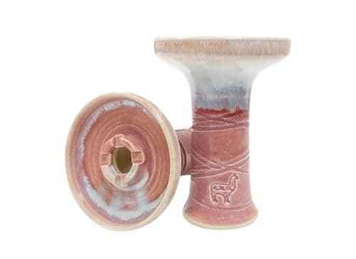 Pink and white ceramic hookah bowl with shallow design and engraved alpaca detail