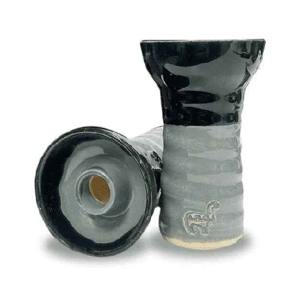 Black and grey ceramic shisha bowl with alpaca design, glossy finish, hole in center