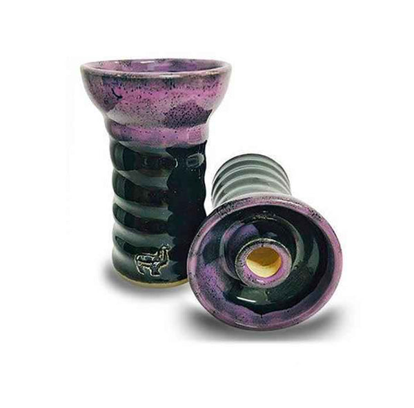Purple and black ceramic hookah bowl with ridged sides, displayed upright and on its side.