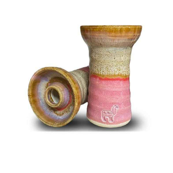 Ceramic hookah bowl with pink, beige, and brown gradient and alpaca logo detail