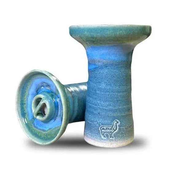 Blue ceramic hookah bowl with alpaca logo and phunnel design, shown upright and on its side.
