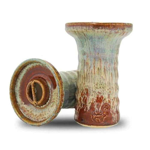 Ceramic hookah bowl with a brown and icy blue glaze, textured design, and alpaca logo.
