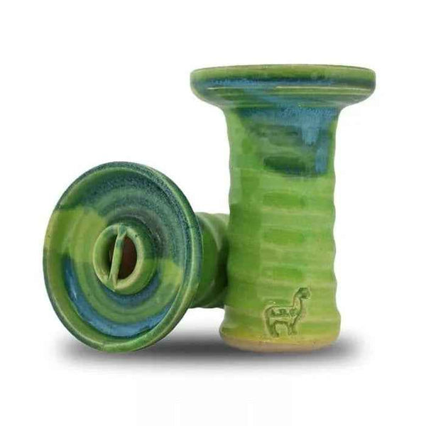 Green and blue glazed ceramic hookah bowl with alpaca logo, shown upright and sideways