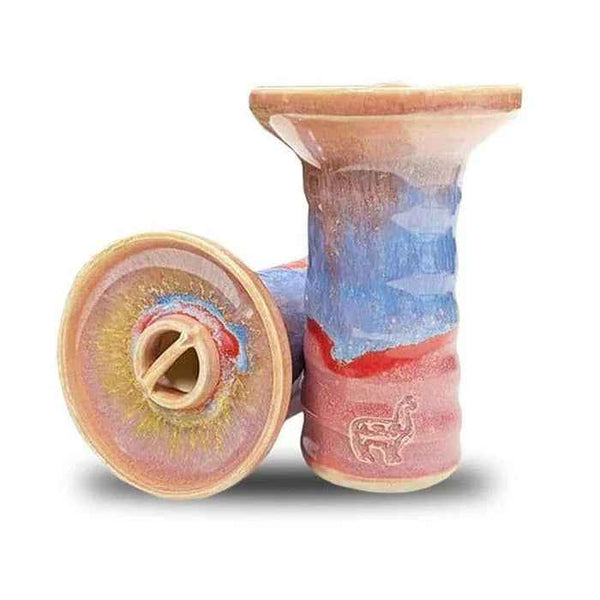 Colorful ceramic hookah bowl with alpaca logo, blue and pink gradient design, unicorn style.
