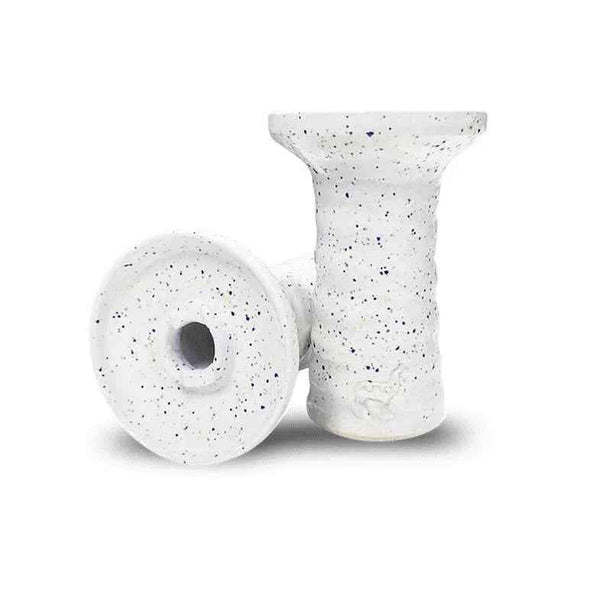 White ceramic hookah bowl with black speckles, displayed upright and on its side