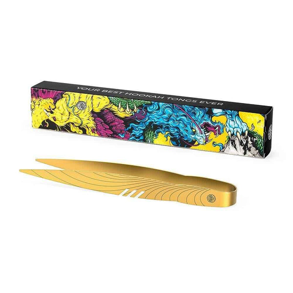 Gold hookah tongs with engraved design and colorful box, ideal for shisha charcoal handling