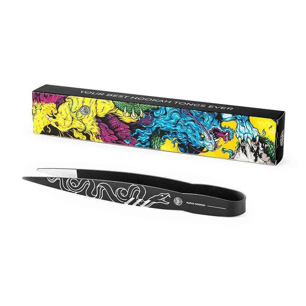 Black hookah tongs with white design, colorful illustrated box, hookah accessory