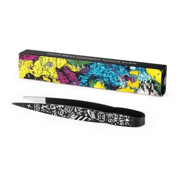 Graphic hookah tongs with black and white pattern, colorful box, shisha accessory