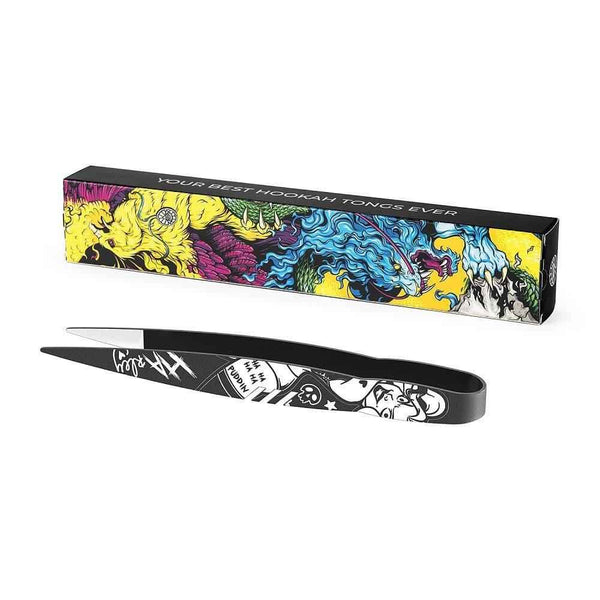 Decorative hookah tongs with comic-style artwork and colorful graphic box packaging