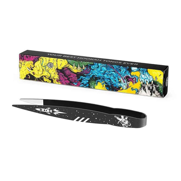 Black hookah tongs with astronaut and rocket design, colorful illustrated box