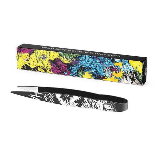 Hookah tongs with black and white graphic design and vibrant illustrated box