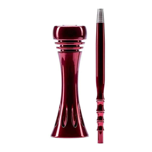 Red aluminum shisha mouthpiece set with sleek design, hookah accessory on white background