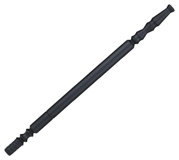Black aluminum hookah mouthpiece with ribbed and smooth sections on white background