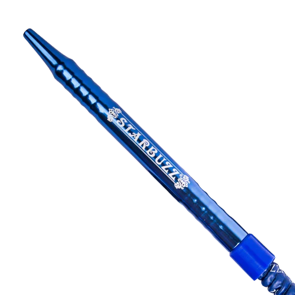 Blue aluminum hookah hose mouthpiece with Starbuzz logo, isolated on white background