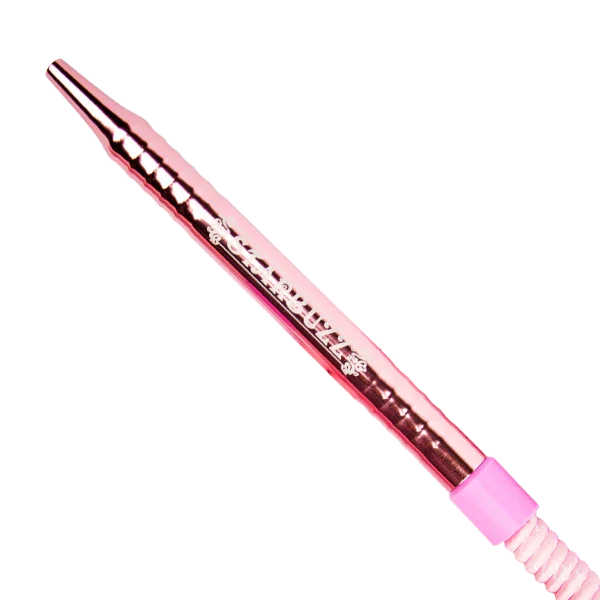 pink aluminum hookah hose mouthpiece with a glossy finish and ridged design