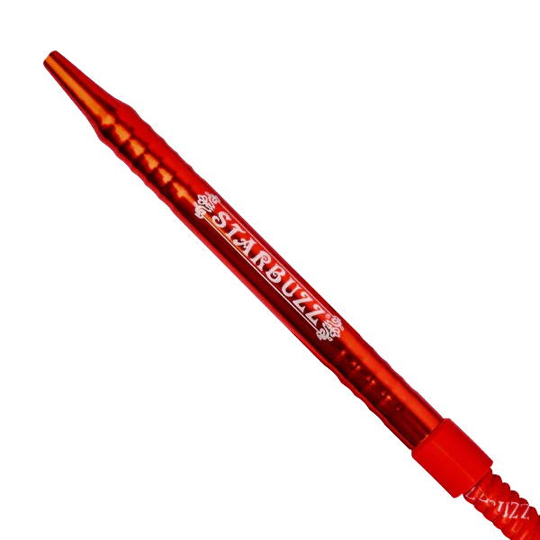 Red aluminum hookah mouthpiece with STARBUZZ branding on a white background