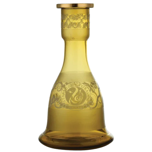 Amber hookah glass vase with gold decorative patterns on a plain background